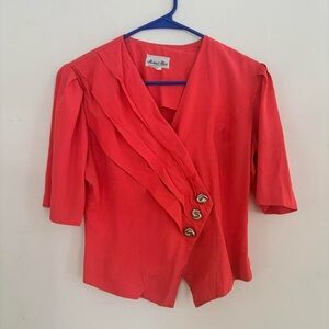 Vintage Michael Blair Coral Button-Front Blouse – Short Sleeve Retro Top